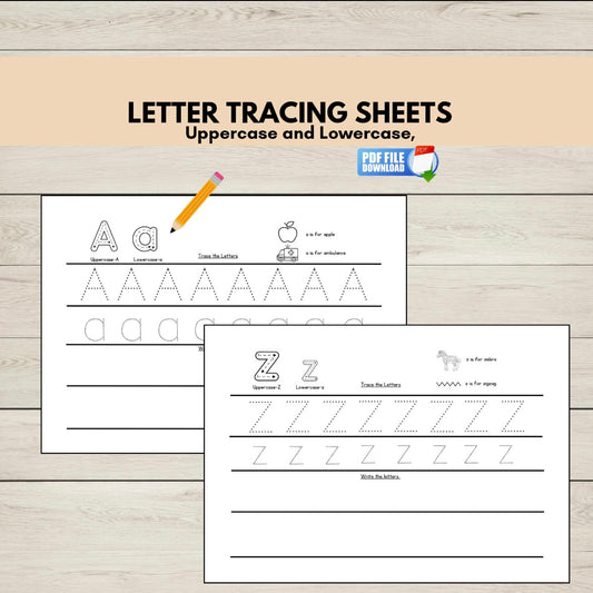 Letter tracing sheets for uppercase and lowercase letters on a wooden surface with a pencil.