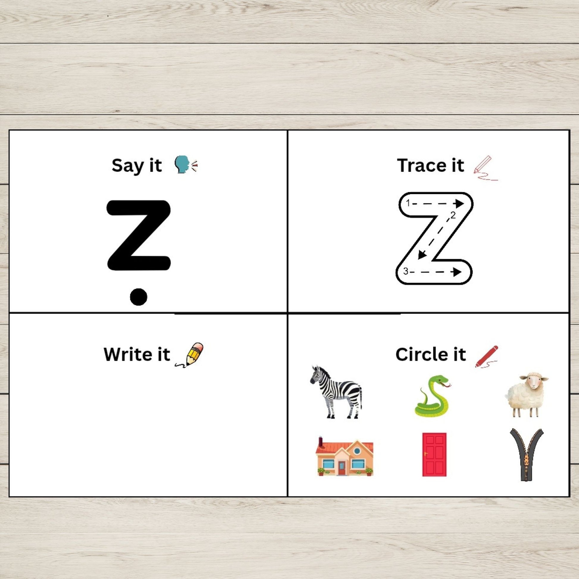 Educational card with activities for the letter 'Z' on a wooden background