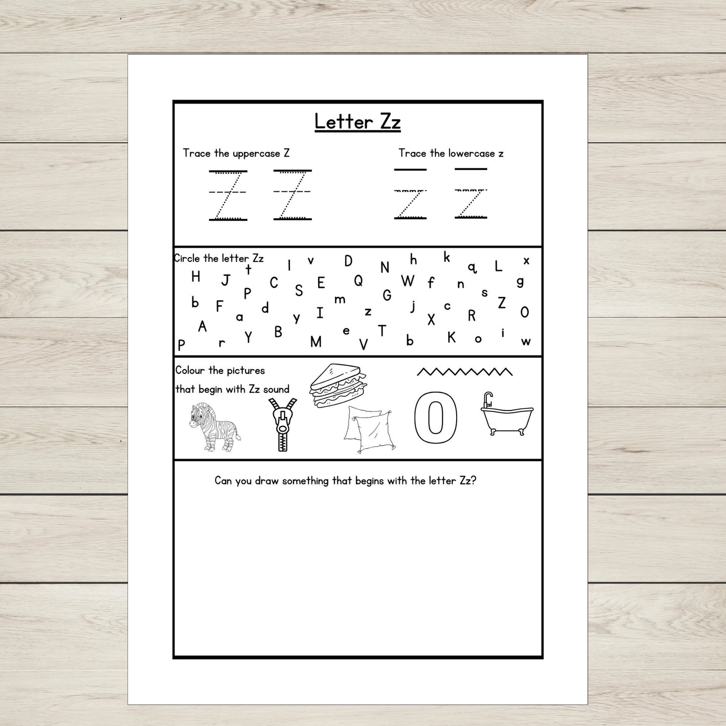 A worksheet featuring the letter Z for letter tracing and phonics practice.