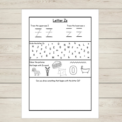 A worksheet featuring the letter Z for letter tracing and phonics practice.
