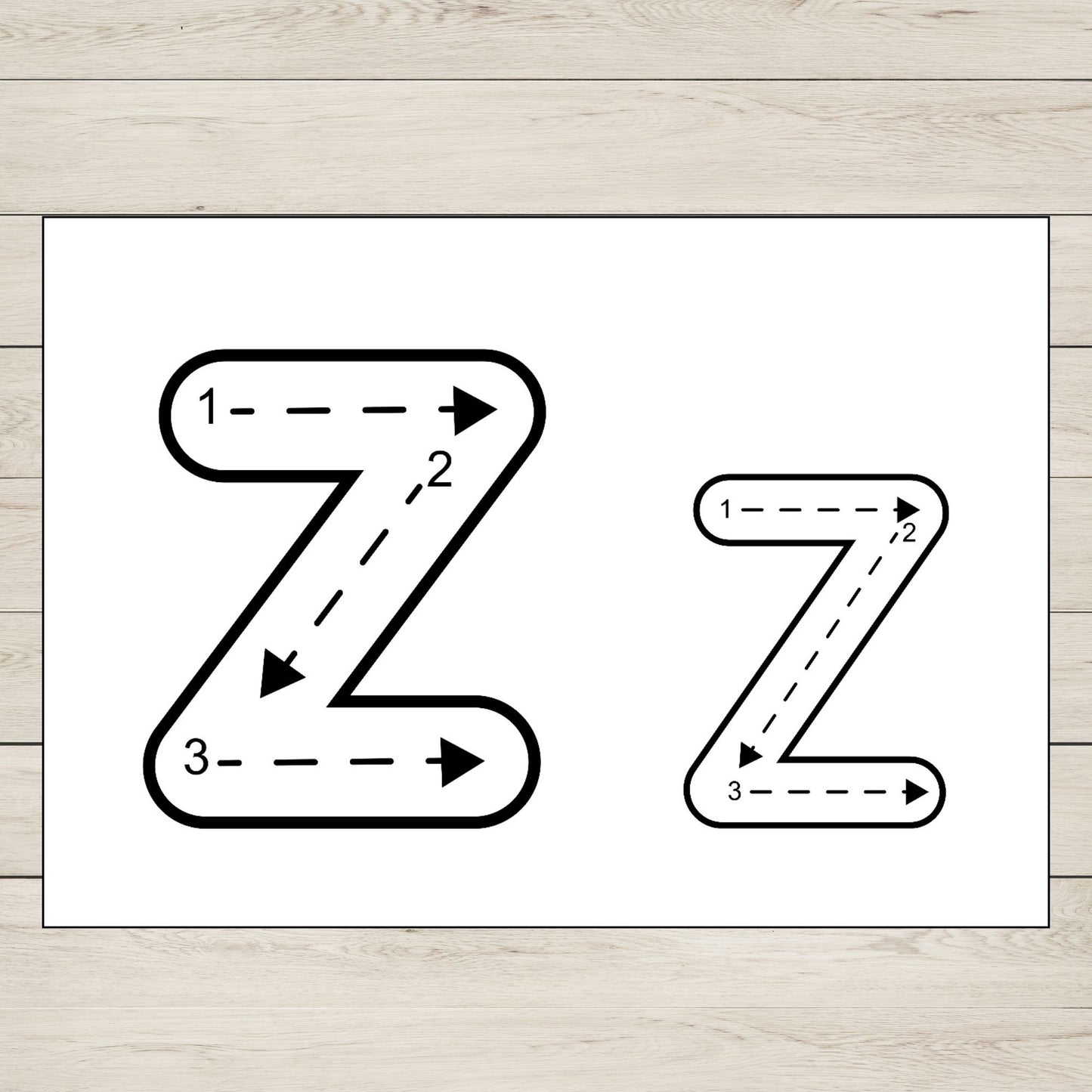 Letter Z tracing mat, uppercase and lowercase, printable handwriting practice for preschool and kindergarten.