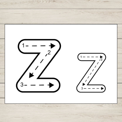 Letter Z tracing mat, uppercase and lowercase, printable handwriting practice for preschool and kindergarten.