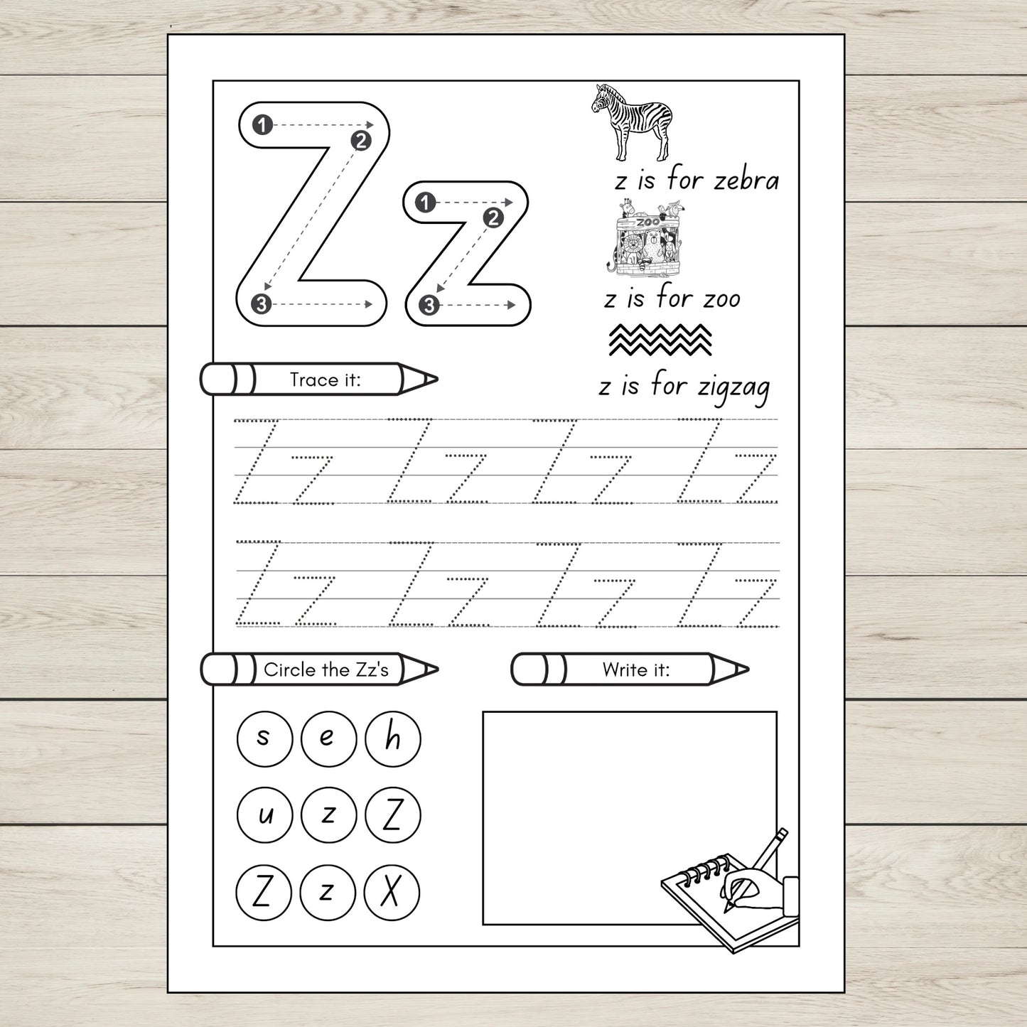 Printable Letter Z worksheet for preschool and kindergarten. ABC tracing and A to Z alphabetical order activity for early learners.