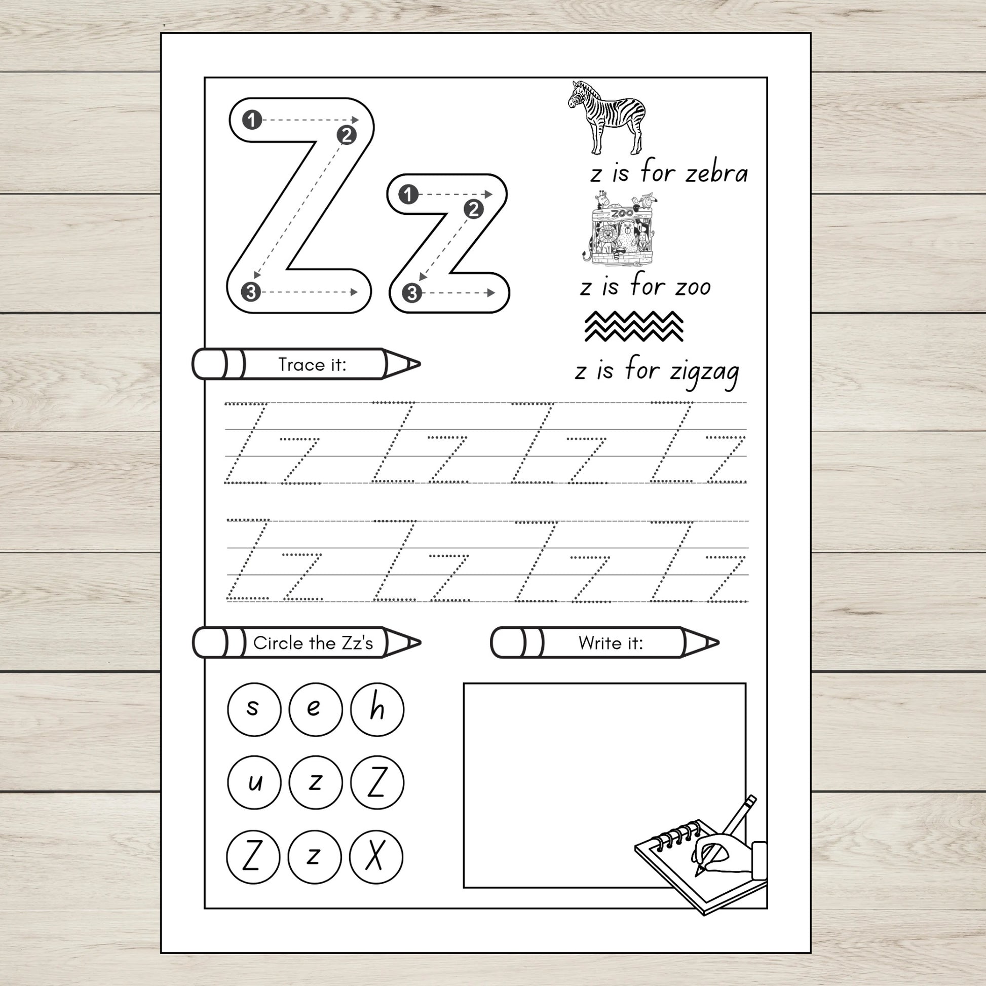 Printable Letter Z worksheet for preschool and kindergarten. ABC tracing and A to Z alphabetical order activity for early learners.