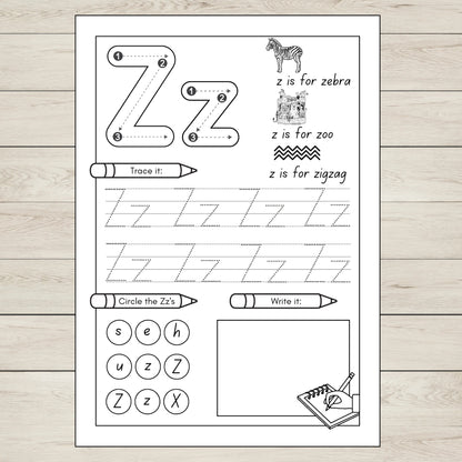 Printable Letter Z worksheet for preschool and kindergarten. ABC tracing and A to Z alphabetical order activity for early learners.