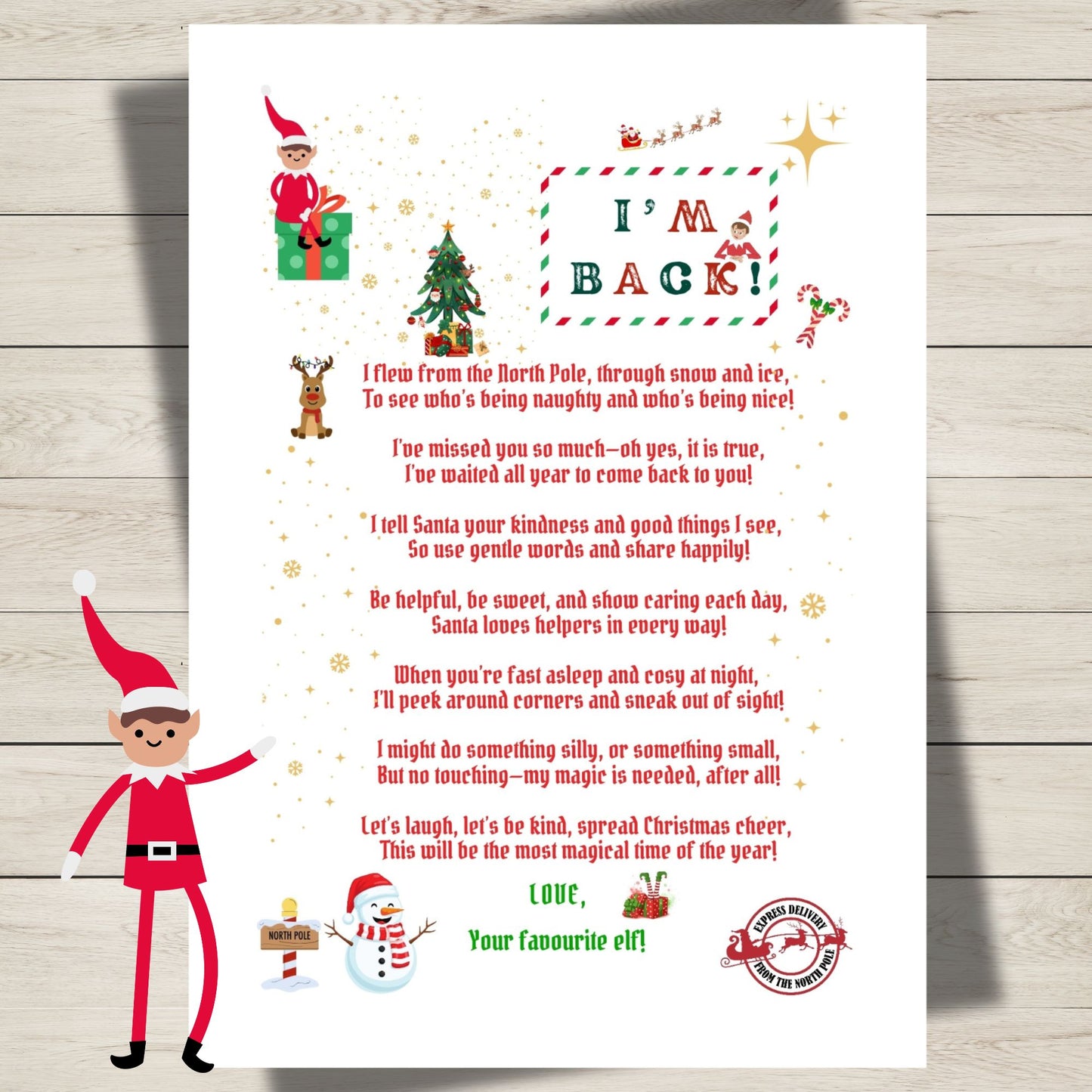 Elf on the Shelf welcome letter with illustrations on a wooden surface
