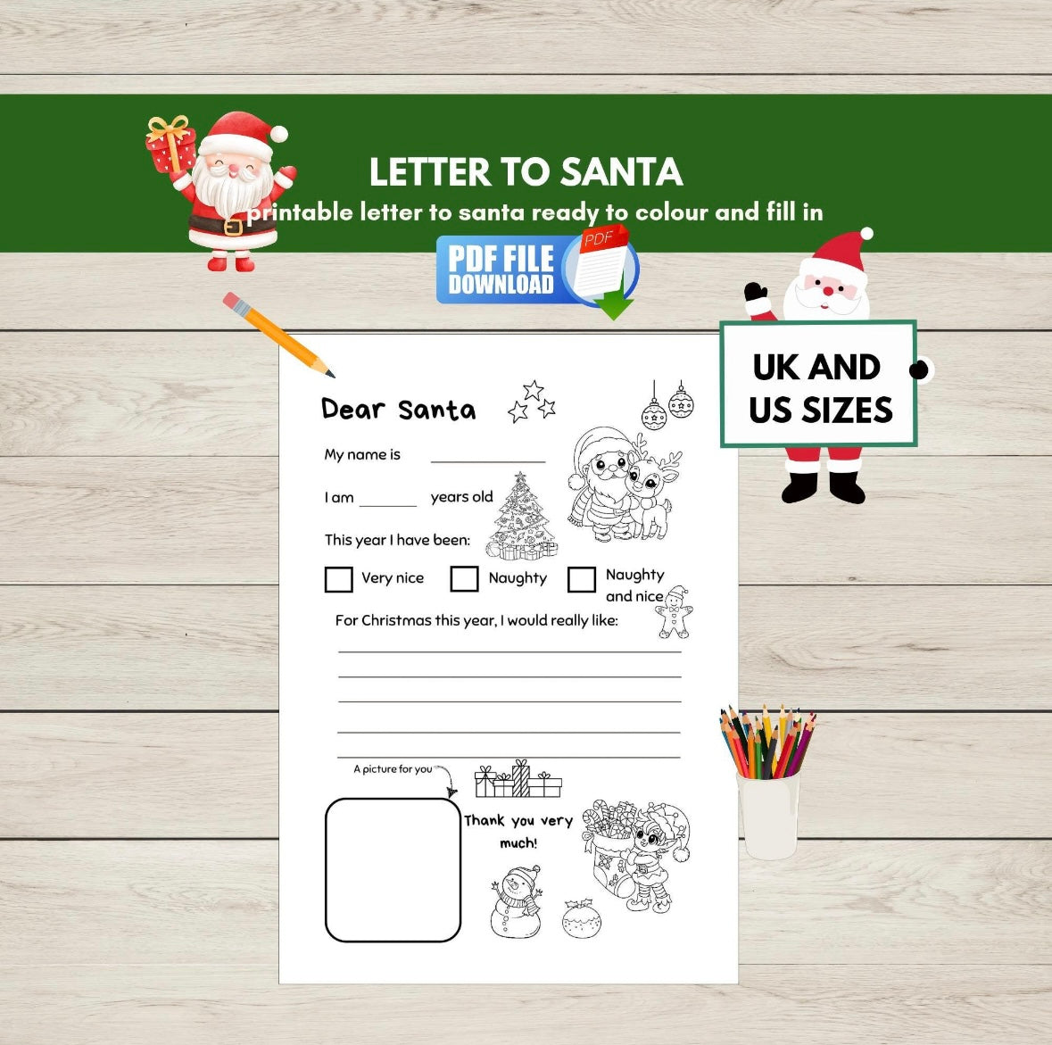 Printable Dear Santa letter for kids featuring space to write Christmas wishes and colour festive holiday illustrations.