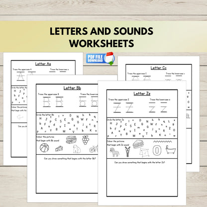 A set of 26 printable letters and sounds worksheets for early literacy. 