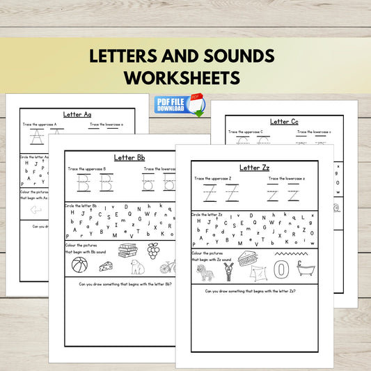 A set of 26 printable letters and sounds worksheets for early literacy. 