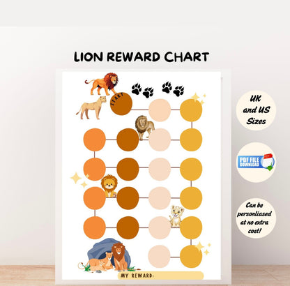 Lion-themed printable reward chart for kids with colourful circles to track chores, behavior, or goals