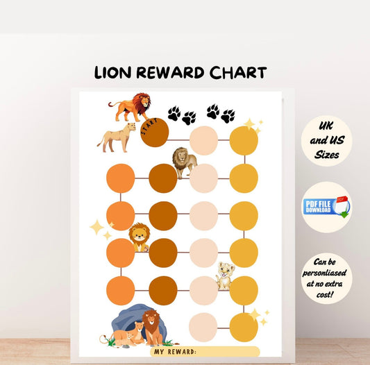 Lion-themed printable reward chart for kids with colourful circles to track chores, behavior, or goals