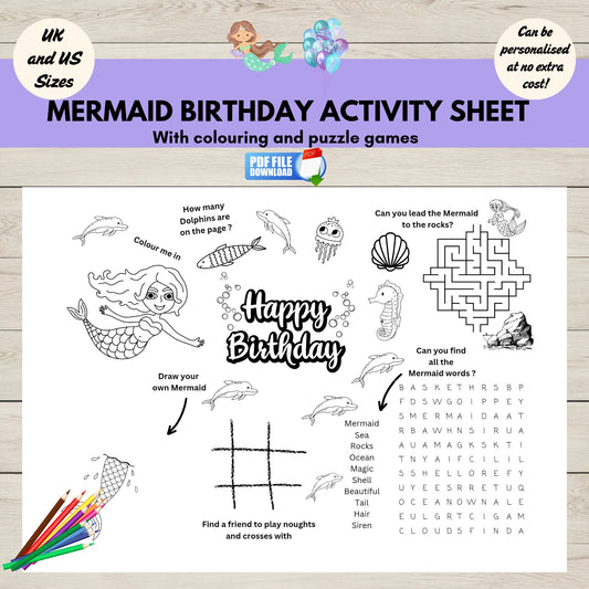 Printable mermaid-themed activity sheet for kids with colouring, puzzles, and games -perfect for under-the-sea birthday parties and creative fun.