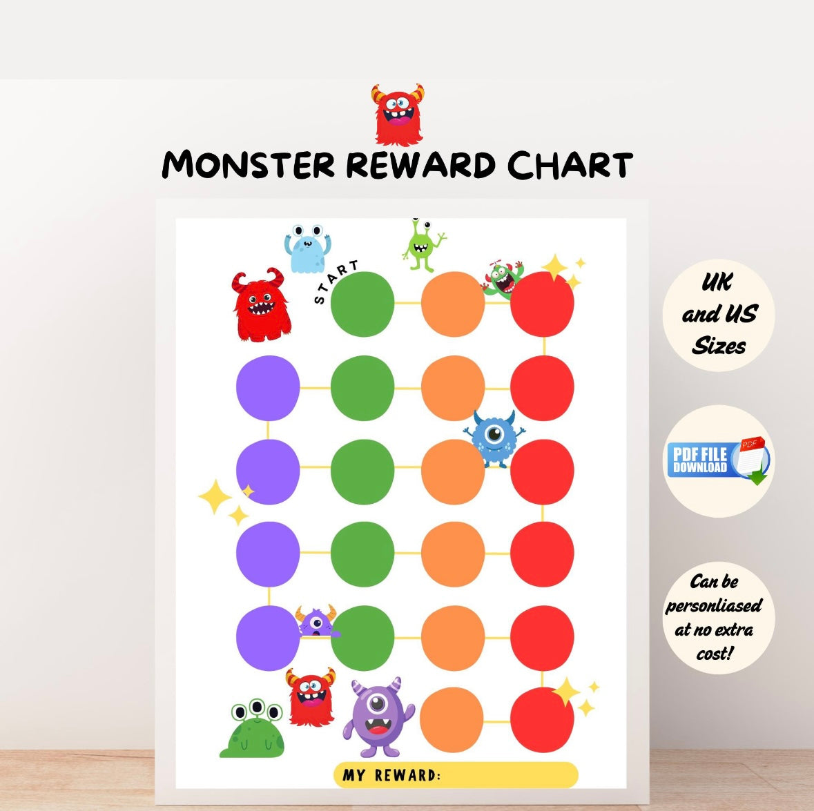 Colourful monster-themed reward chart for kids with fun cartoon monster creatures, stars, and circles to track tasks, routines, potty training, or behavior goals.