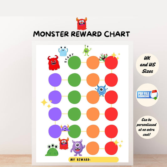 Colourful monster-themed reward chart for kids with fun cartoon monster creatures, stars, and circles to track tasks, routines, potty training, or behavior goals.
