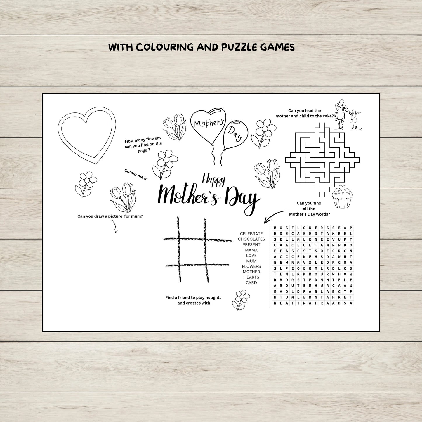 A printable Mother's Day Activity Sheet with colouring and puzzles for kids. 