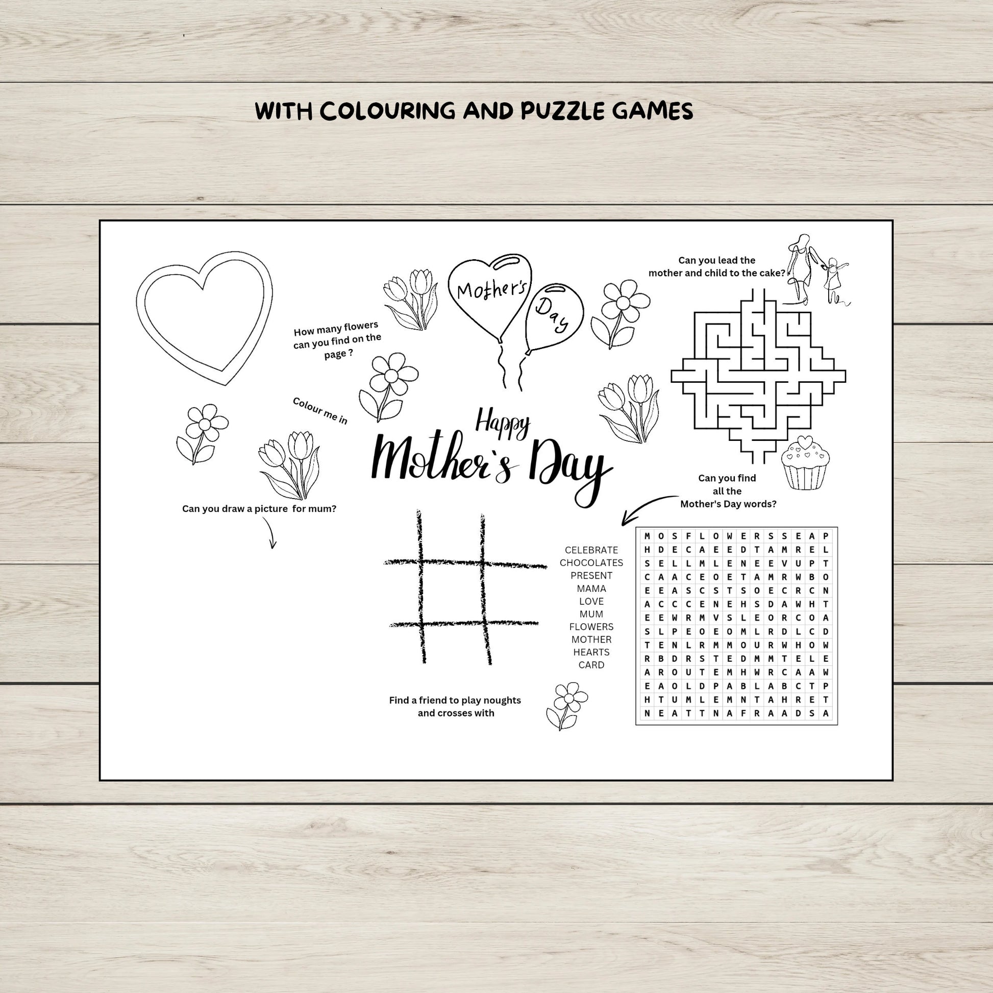 A printable Mother's Day Activity Sheet with colouring and puzzles for kids. 