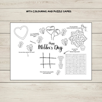 A printable Mother's Day Activity Sheet with colouring and puzzles for kids. 