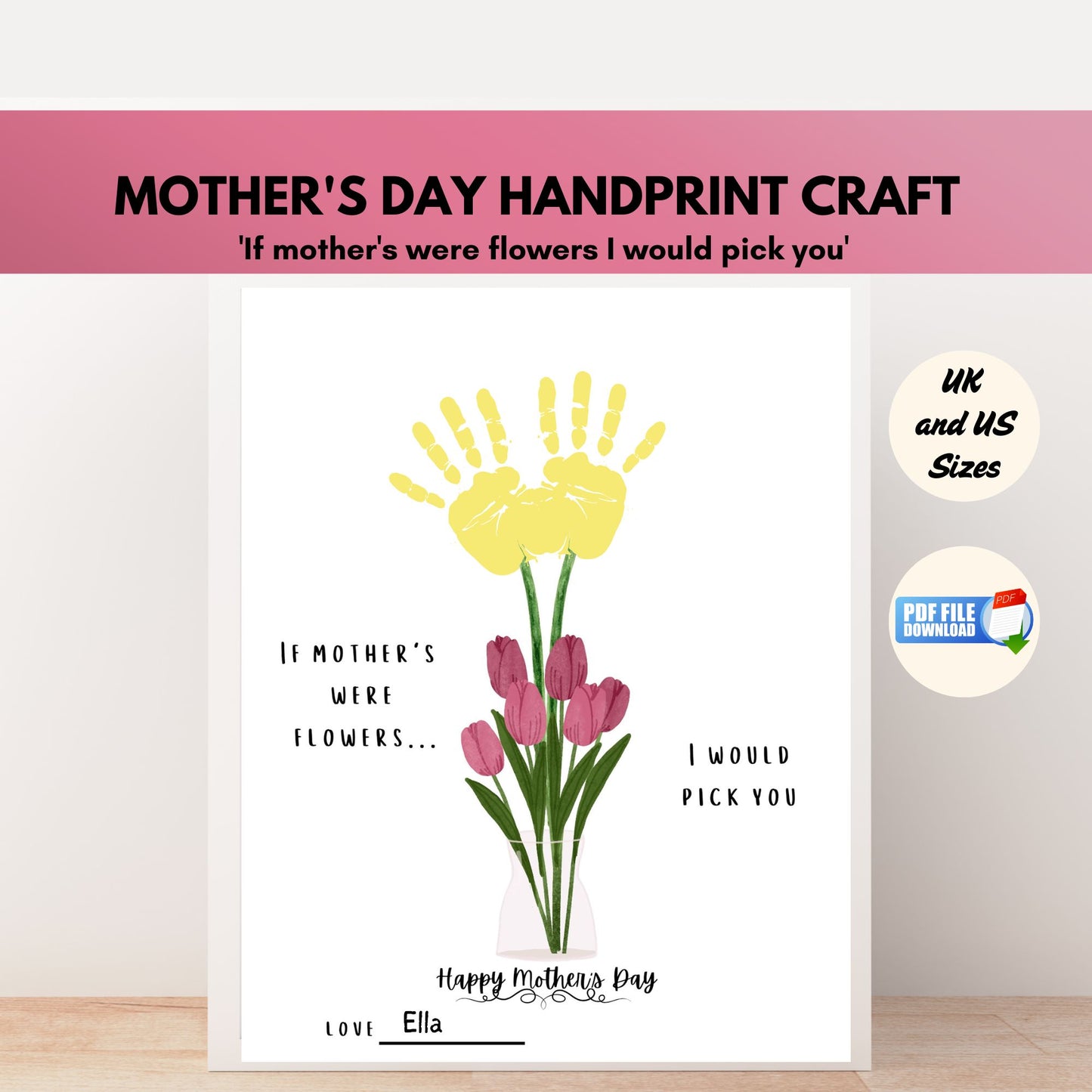 Mother's Day handprint craft with yellow handprint and pink tulips on a white background.