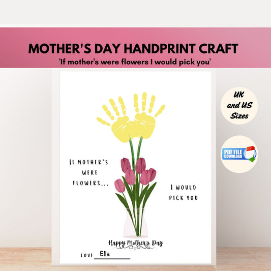 Mother's Day handprint craft with yellow handprint and pink tulips on a white background.