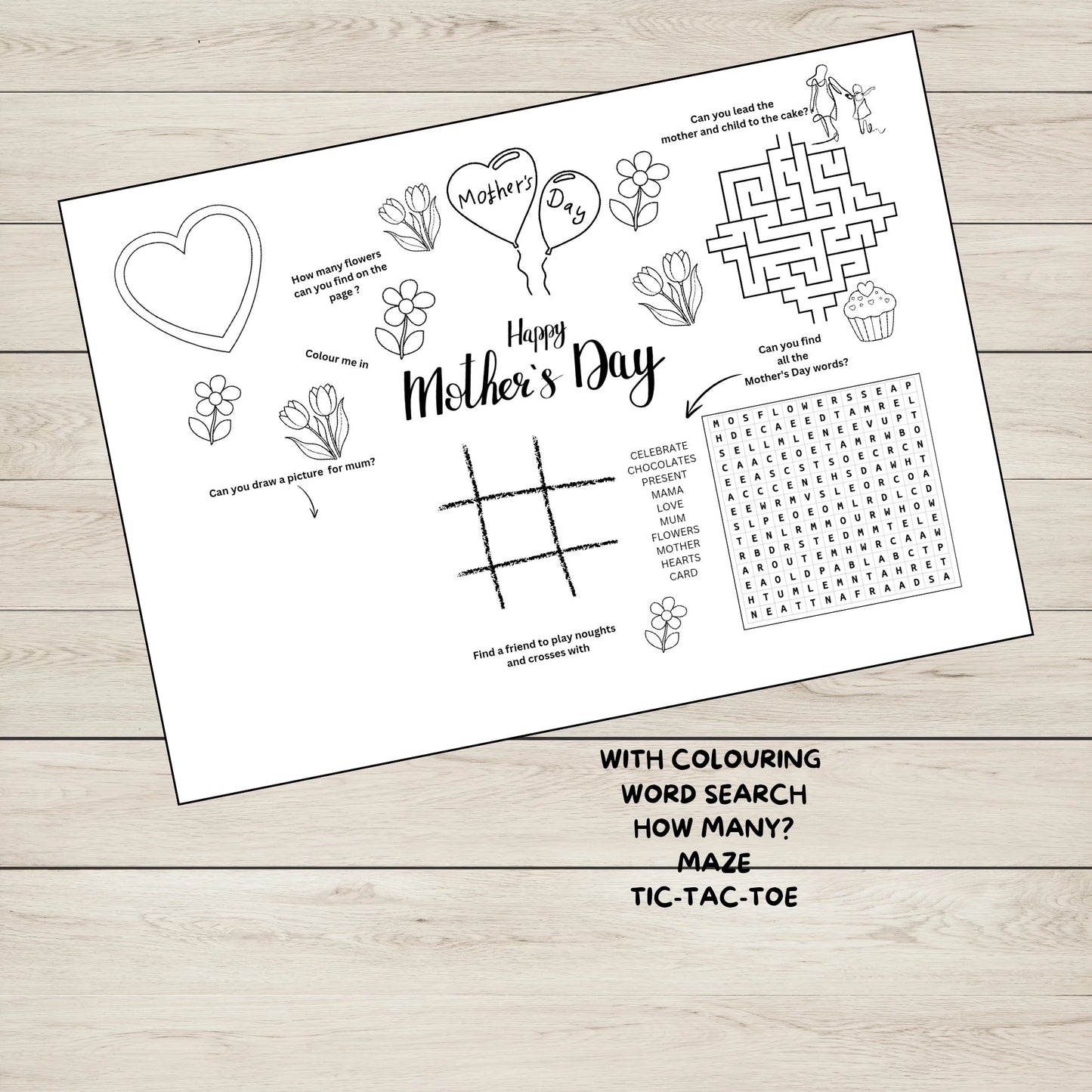 A printable PDF Mothering Sunday Activity Sheet with colouring and puzzles for kids. 
