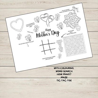 A printable PDF Mothering Sunday Activity Sheet with colouring and puzzles for kids. 