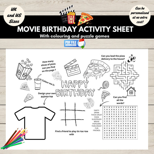 A printable movie themed birthday activity and colouring sheet  for kids. With movie, popcorn and pizza theme.