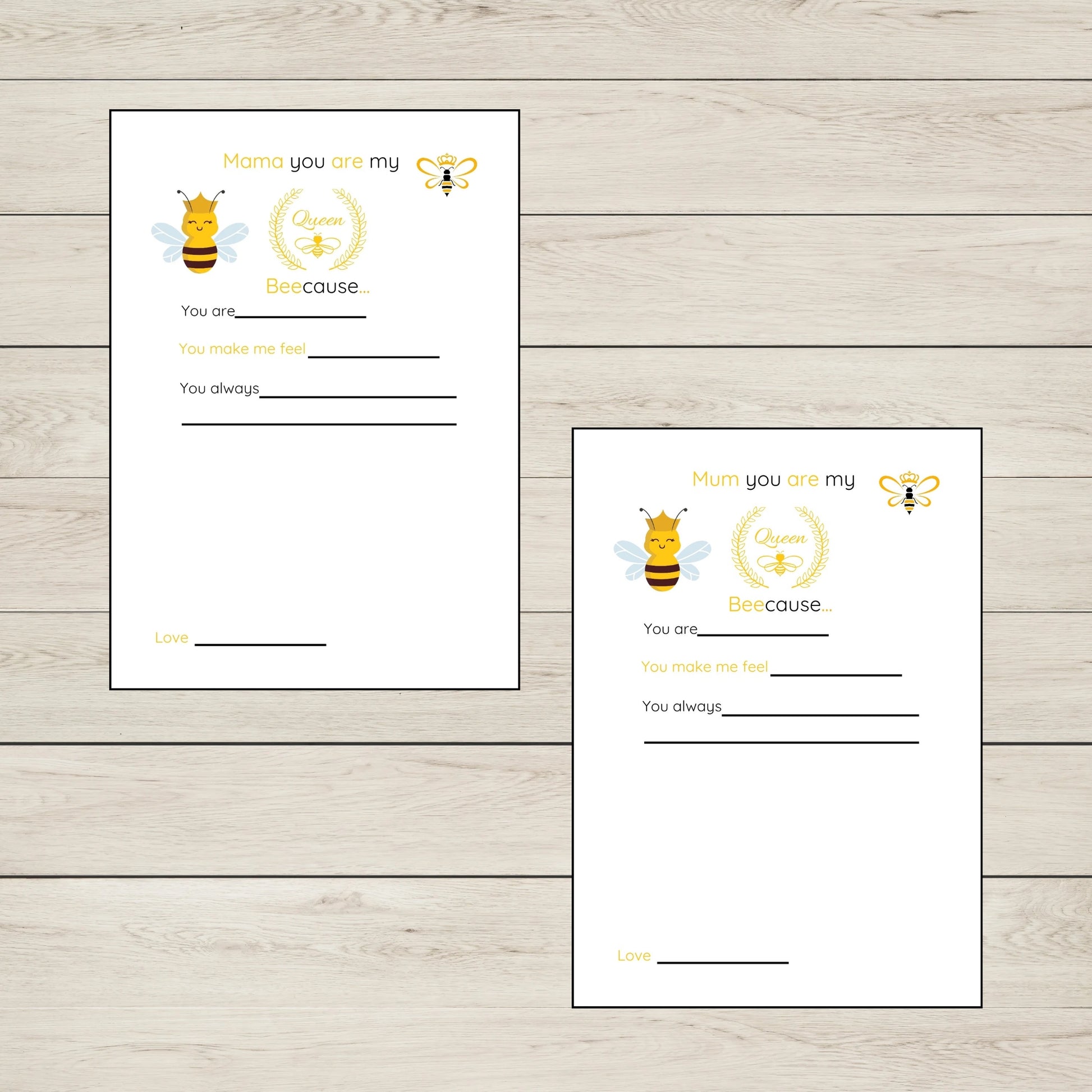 Two printed sheets with bee illustrations with mama and mum 'you are mu Queen Bee' for a handprint craft gift. 
