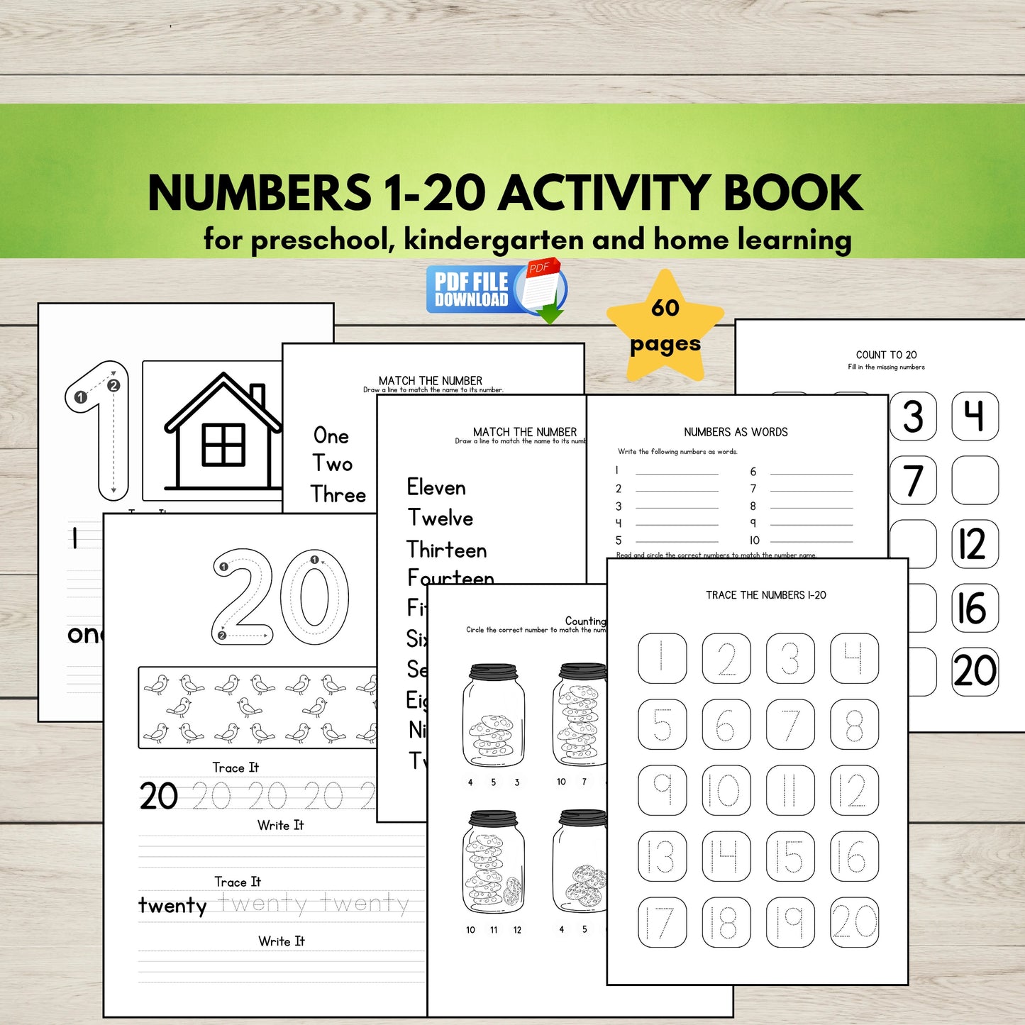 A set of 60 pages of early maths activities for counting, writing and recognising numbers 1-20. 