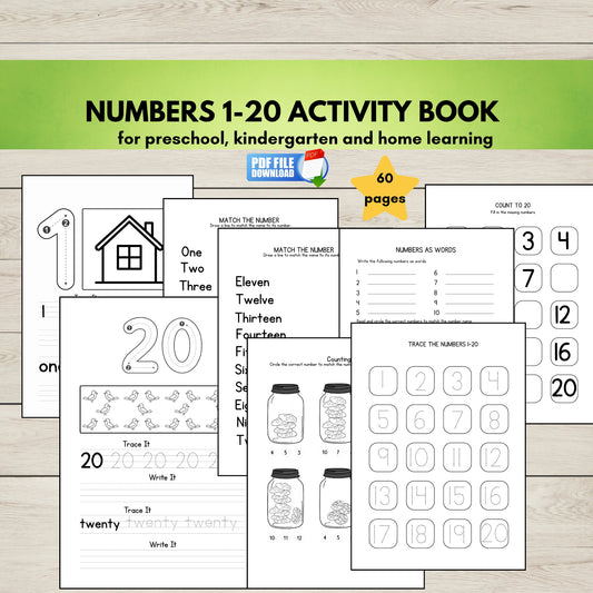 A set of 60 pages of early maths activities for counting, writing and recognising numbers 1-20. 