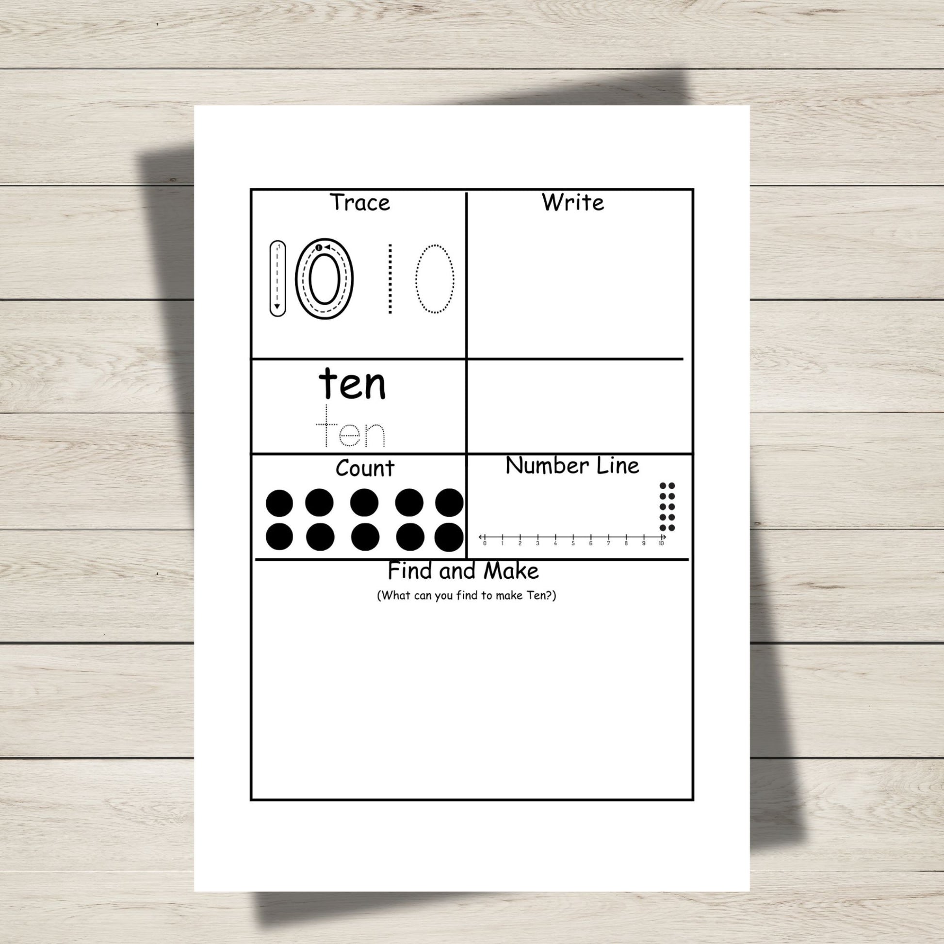 Number 10 tracing and counting worksheet from printable counting to 20 activity sheets, supporting number recognition and early math skills.