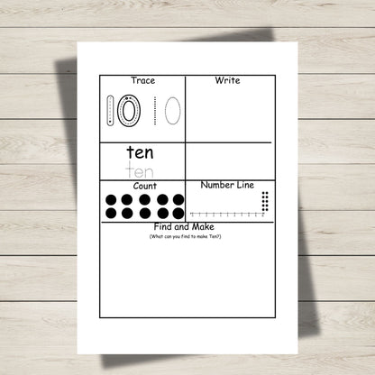 Number 10 tracing and counting worksheet from printable counting to 20 activity sheets, supporting number recognition and early math skills.