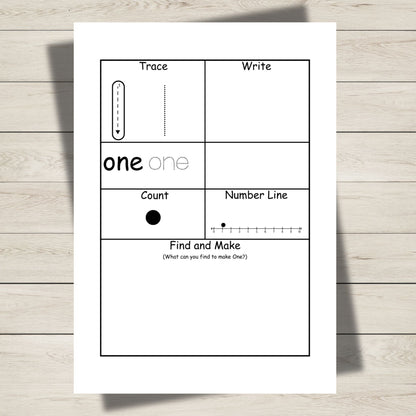 Number 1 tracing and counting worksheet from printable counting to 20 pack, designed for early math skill building.