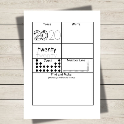Number 20 tracing and counting worksheet from printable counting to 20 pack for preschool and kindergarten, enhancing early math confidence.