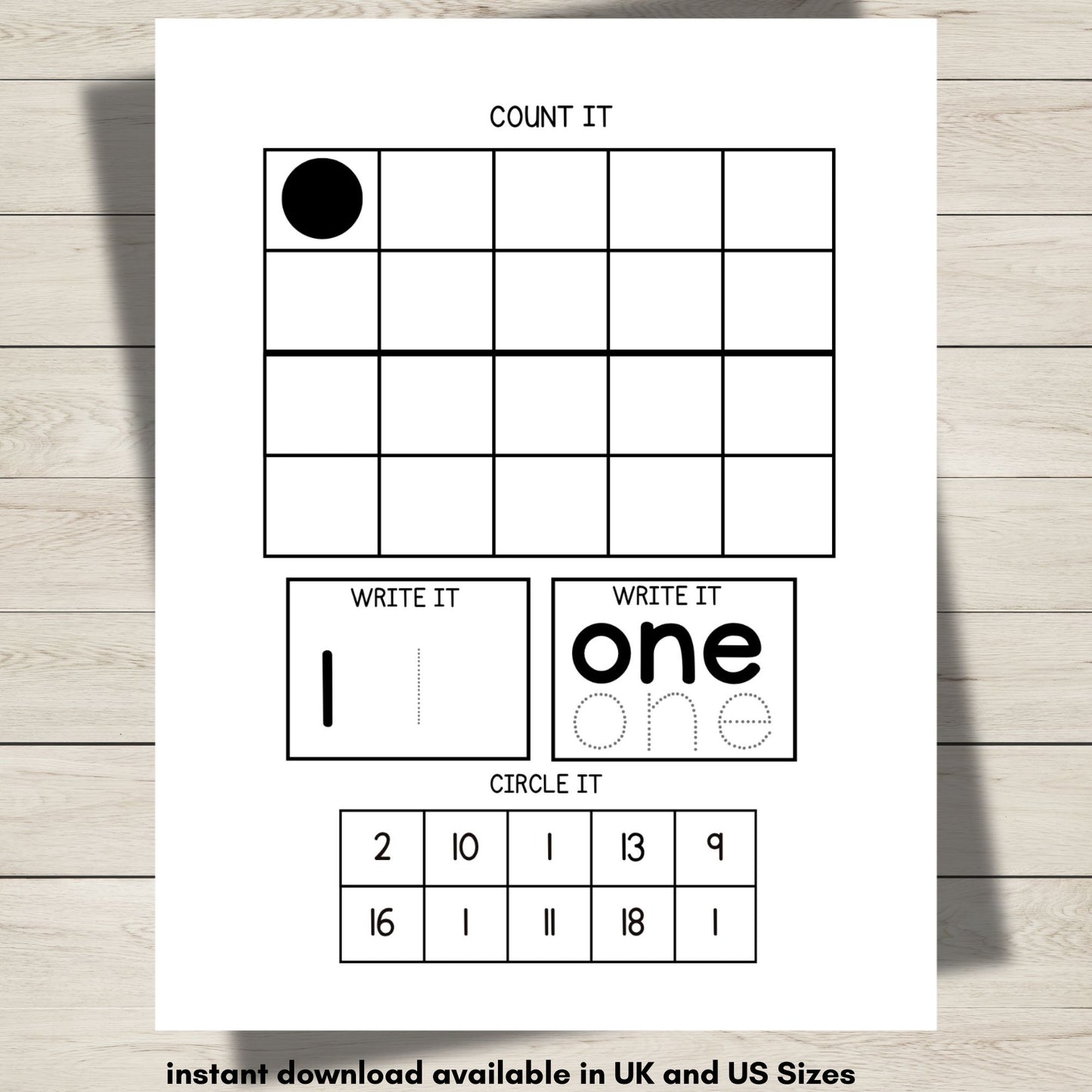 A worksheet showing number one, counting and writing. 