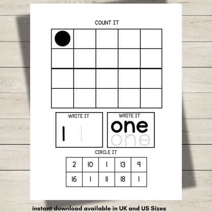 A worksheet showing number one, counting and writing. 