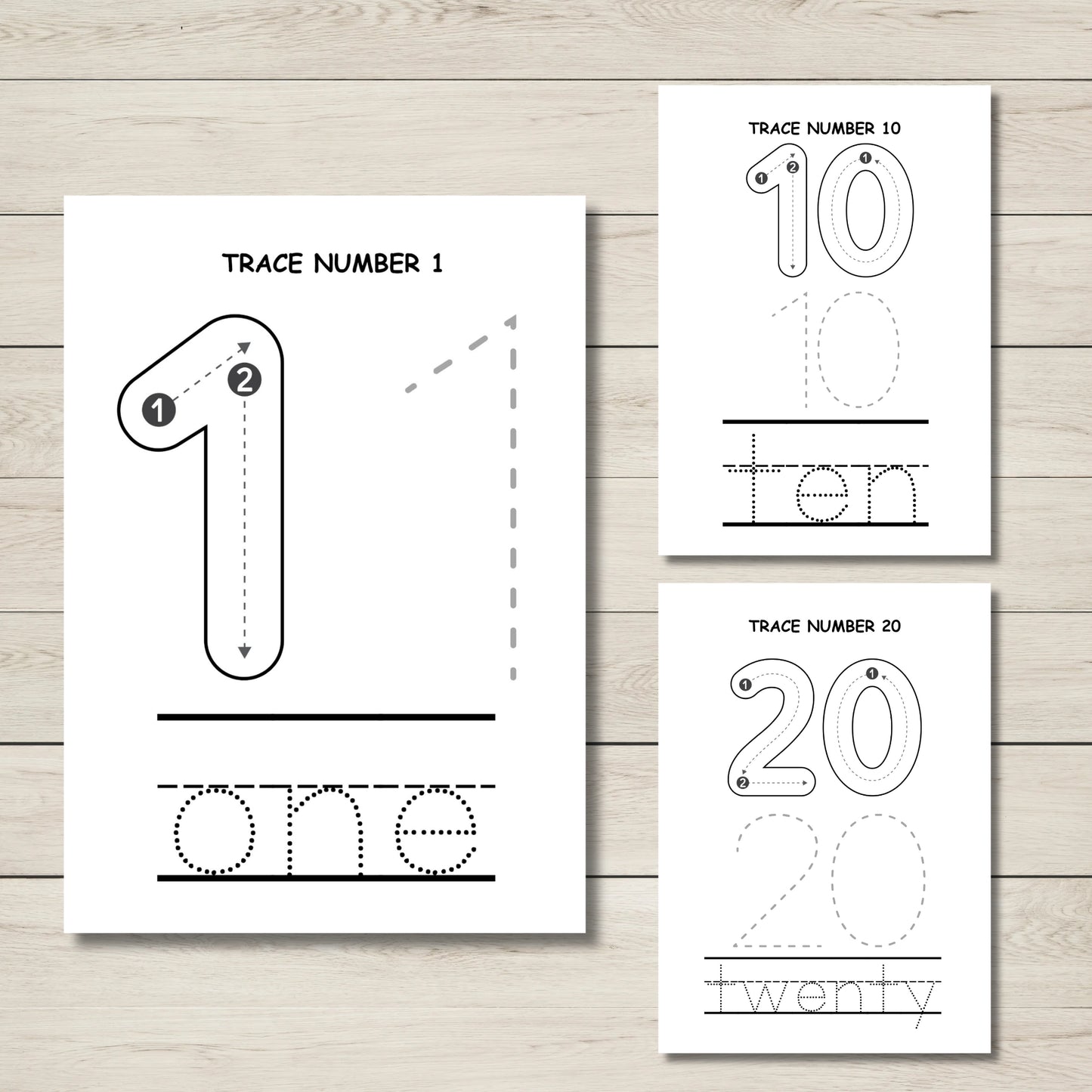 Printable numeral tracing worksheets from Numbers 0–20 pack helping children practice correct number formation and number recognition.
