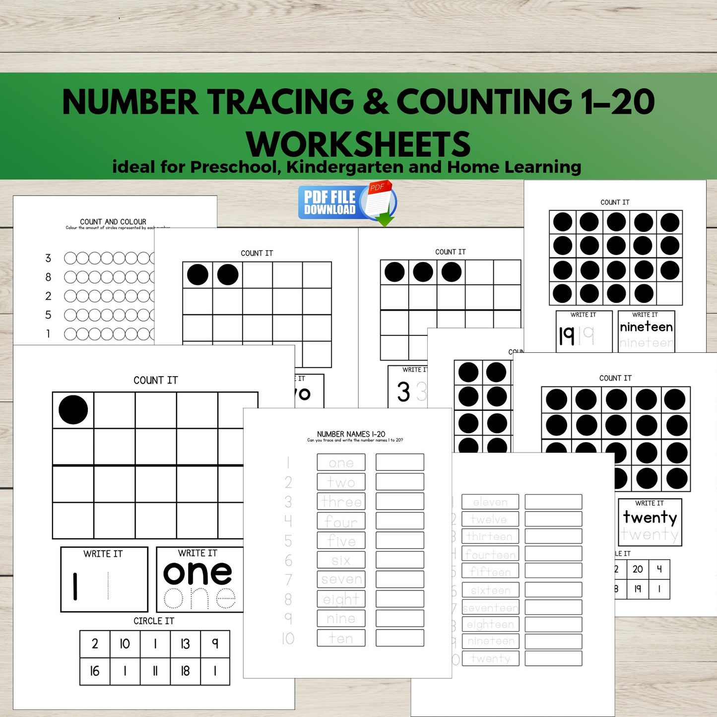 A set of printable worksheets to support the learning and counting of numbers 1-20. 