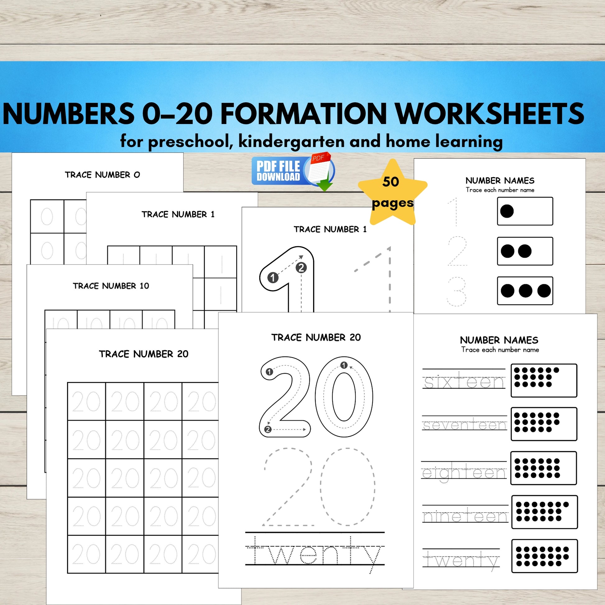 Printable Numbers 0–20 formation worksheets for preschool, PreK, and kindergarten building early math and number writing skills.