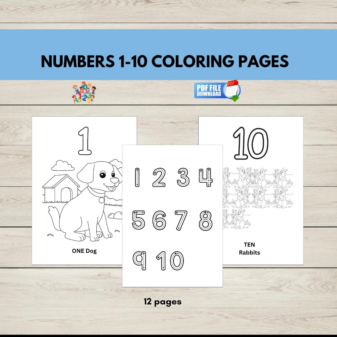 Printable number colouring sheets for kids featuring numbers 1–10 with visual counting aids and fun illustrations for preschool, preK and kindergarten learners.