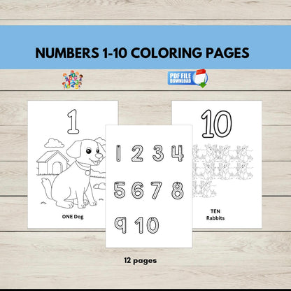 Printable number colouring sheets for kids featuring numbers 1–10 with visual counting aids and fun illustrations for preschool, preK and kindergarten learners.