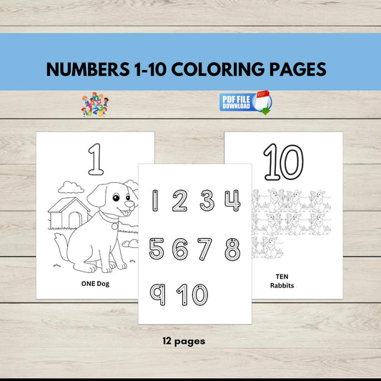 Printable number colouring sheets for kids featuring numbers 1–10 with visual counting aids and fun illustrations for preschool, preK and kindergarten learners.