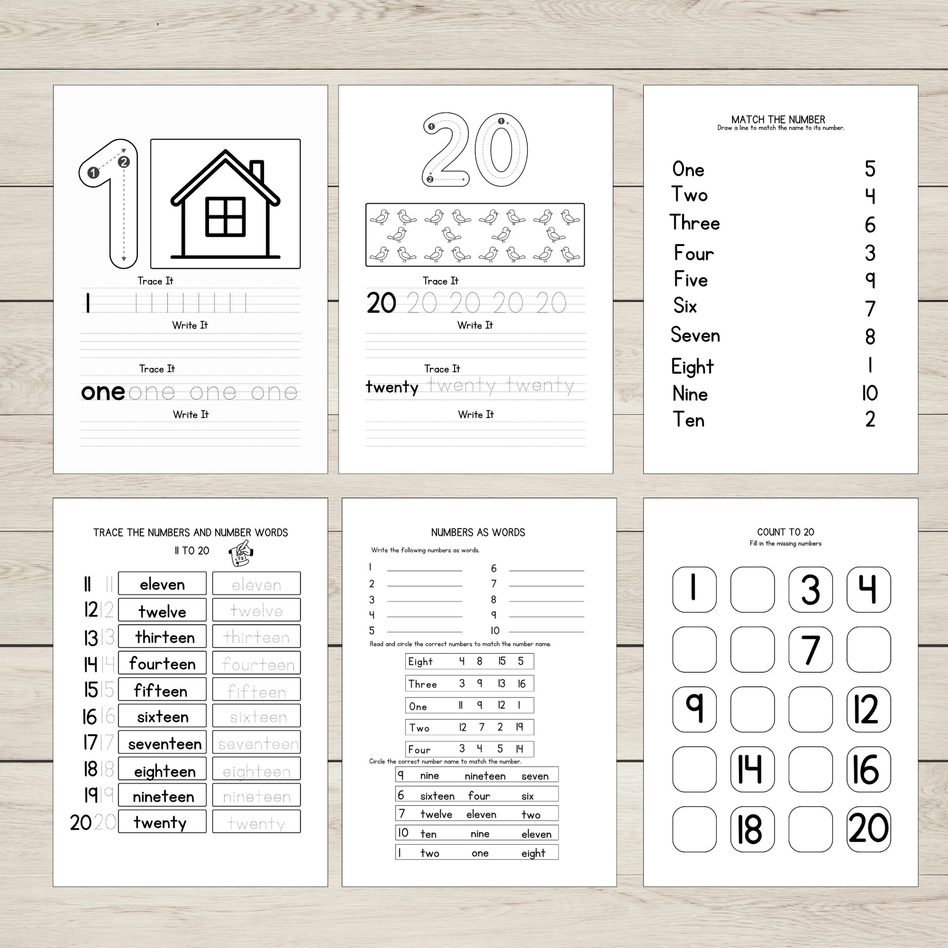 A variety of early math activity worksheets for number writing and recognition 1 to 20. 