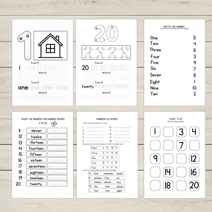 A variety of early math activity worksheets for number writing and recognition 1 to 20. 