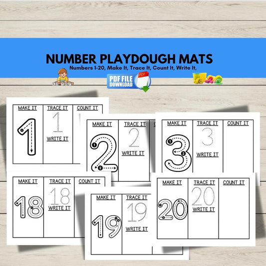 Printable number play dough mats for kids featuring numbers 1 to 20 with tracing and counting activities-perfect for number recognition and fine motor skills.