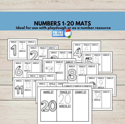 Printable number play dough mats for kids featuring numbers 1 to 20 with tracing and counting activities-perfect for number recognition and fine motor skills.