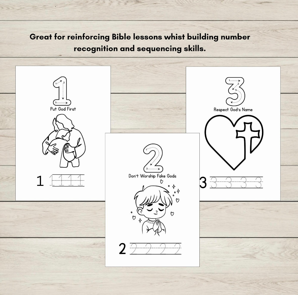 Educational posters with Bible lessons and number recognition on a wooden surface