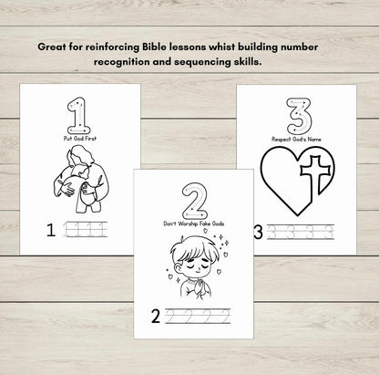 Educational posters with Bible lessons and number recognition on a wooden surface