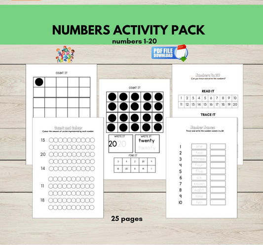 A printable set of numbers 1-20 worksheets for kids.