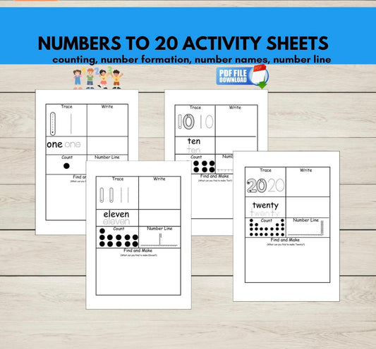 Printable numbers 1 to 20 activity sheets featuring tracing, counting, and number recognition exercises for early learners.