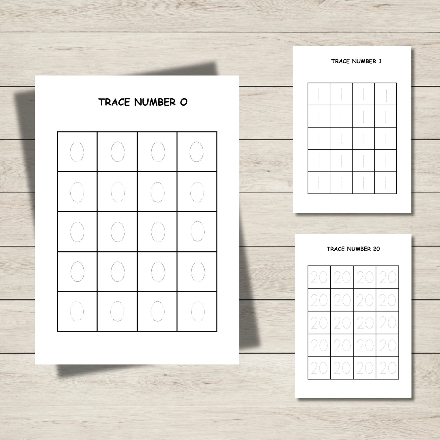 Printable numeral tracing worksheets for Numbers 0–20 to help early learners with number formation and number recognition.